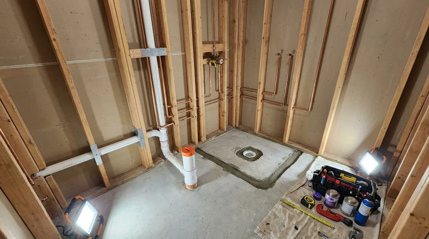 Bathroom rough-in plumbing during remodel by Johns Plumbing LLC in Davenport