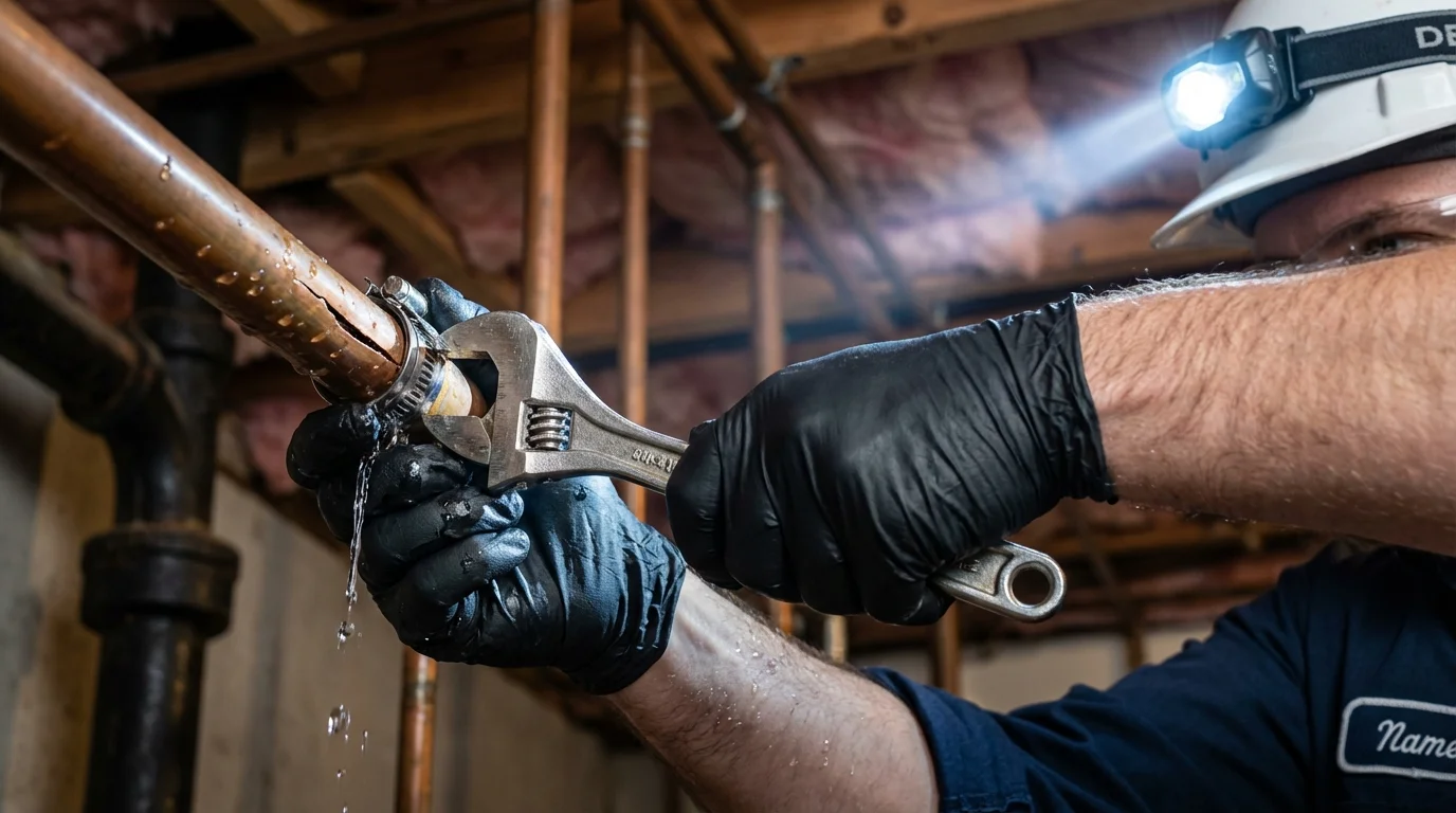 Emergency pipe clamp repair being performed by a Johns Plumbing LLC plumber in Davenport