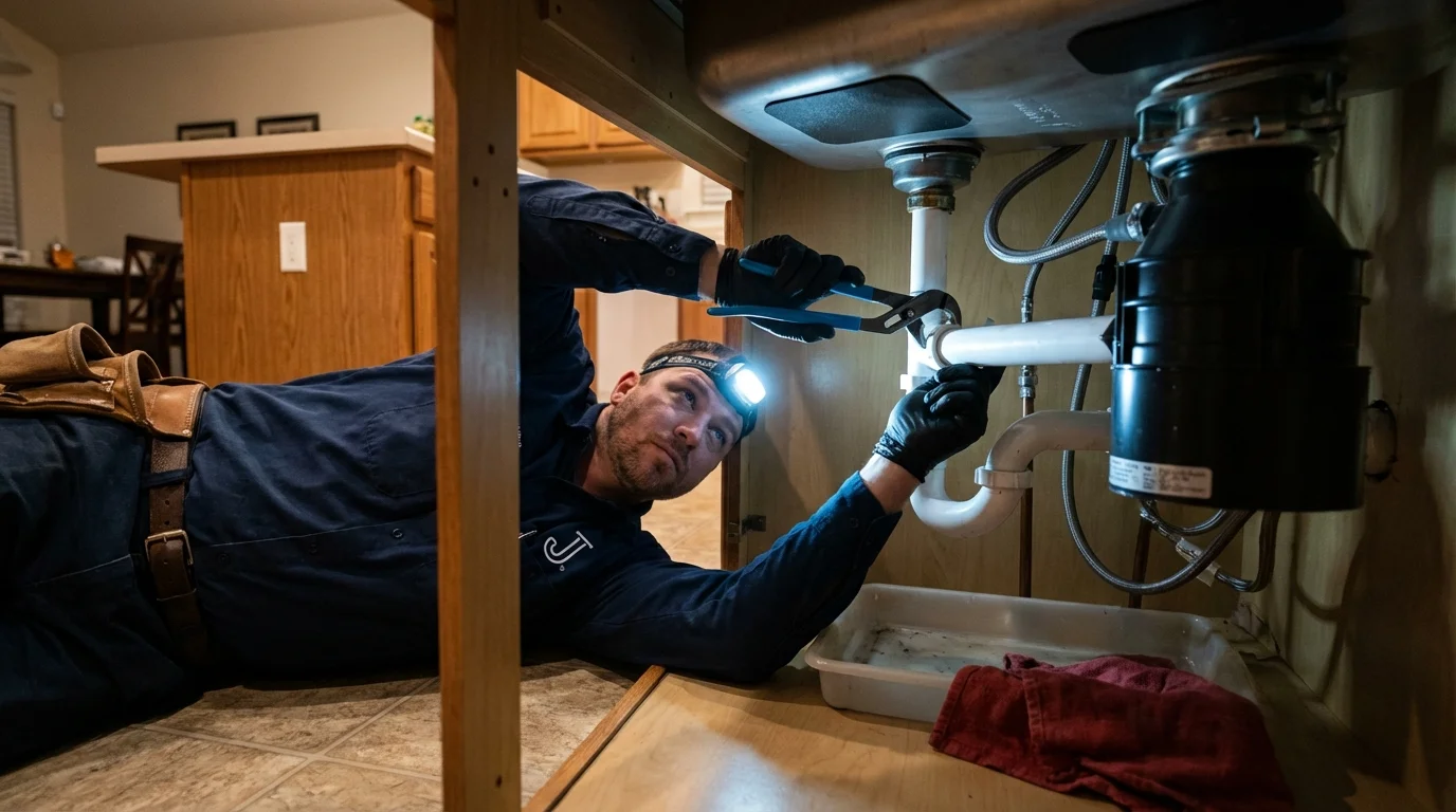 P-trap and supply line connections under a kitchen sink showing a common leak point in Davenport, WA